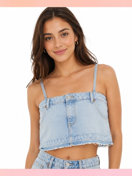 Zara Tops - Zara Distressed Blue Denim Jean Strap Skirt Camisole Crop Tank Top SMALL